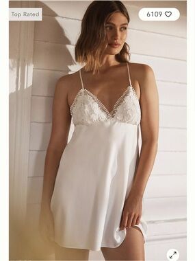 Anthropologie Flora Nikrooz Kylie Lace-Trim Charmeuse Chemise Ivory